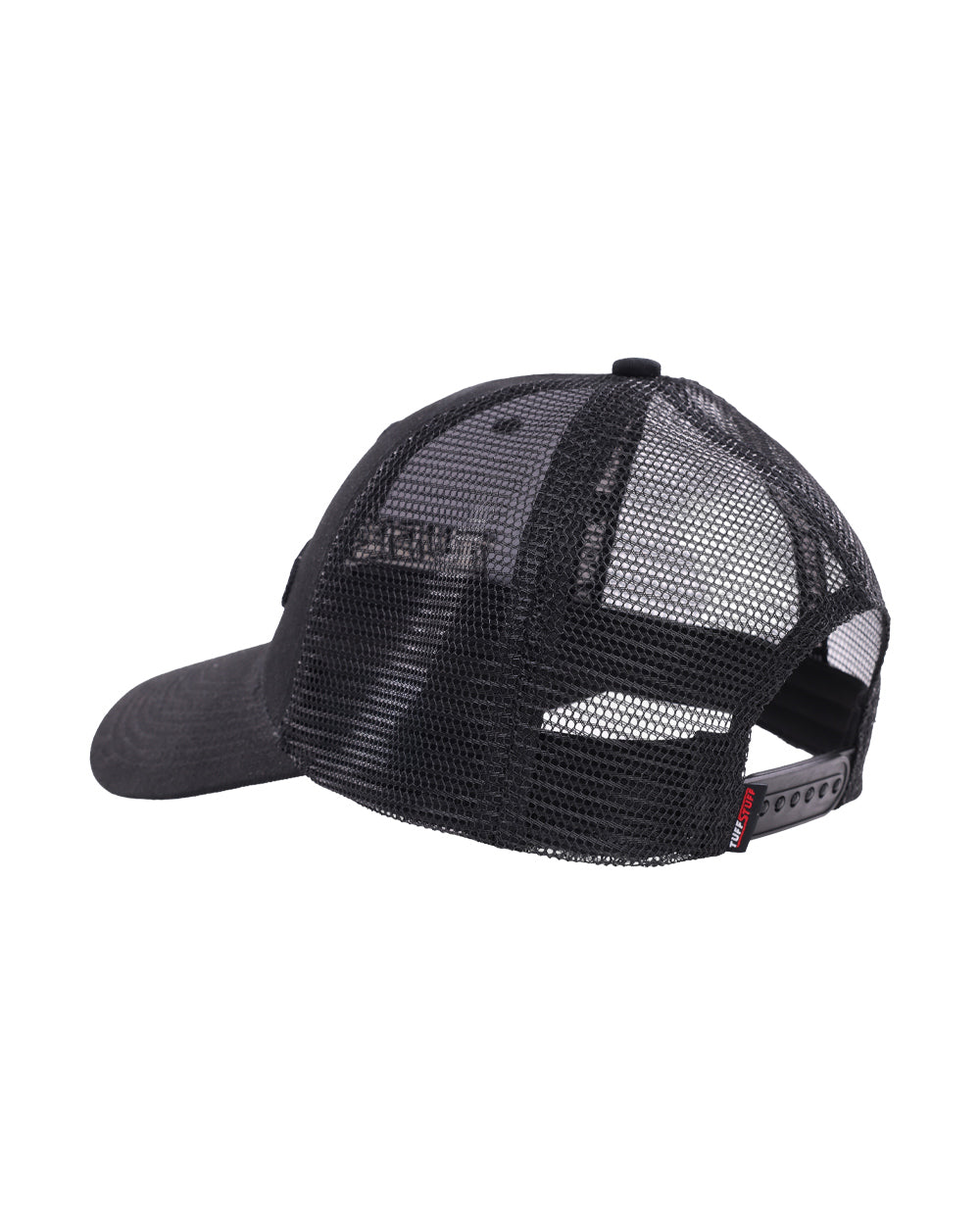 Black coloured TuffStuff Trucker Cap on White background