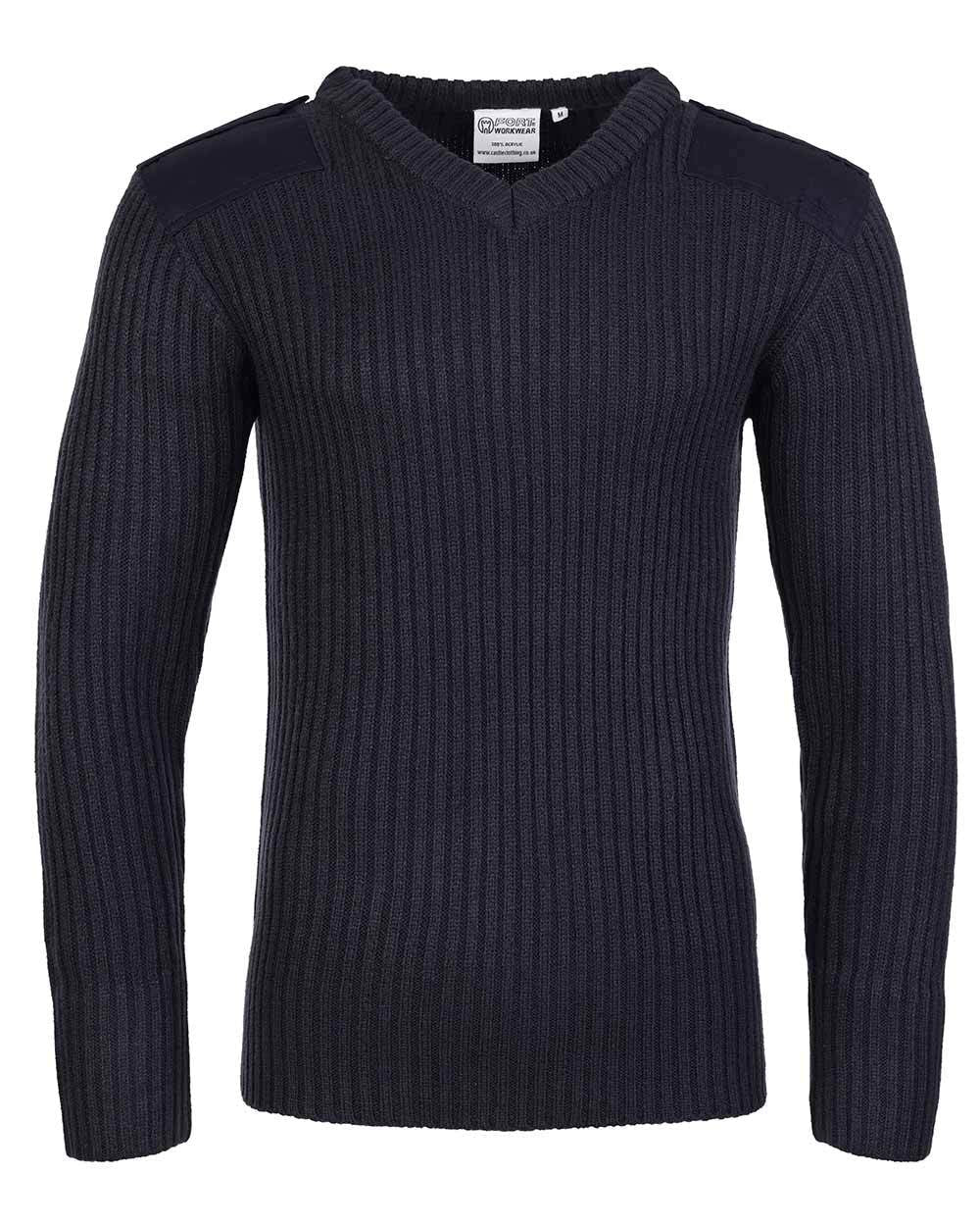 Navy Blue Coloured Fort V-Neck Combat Pullover On A White Background