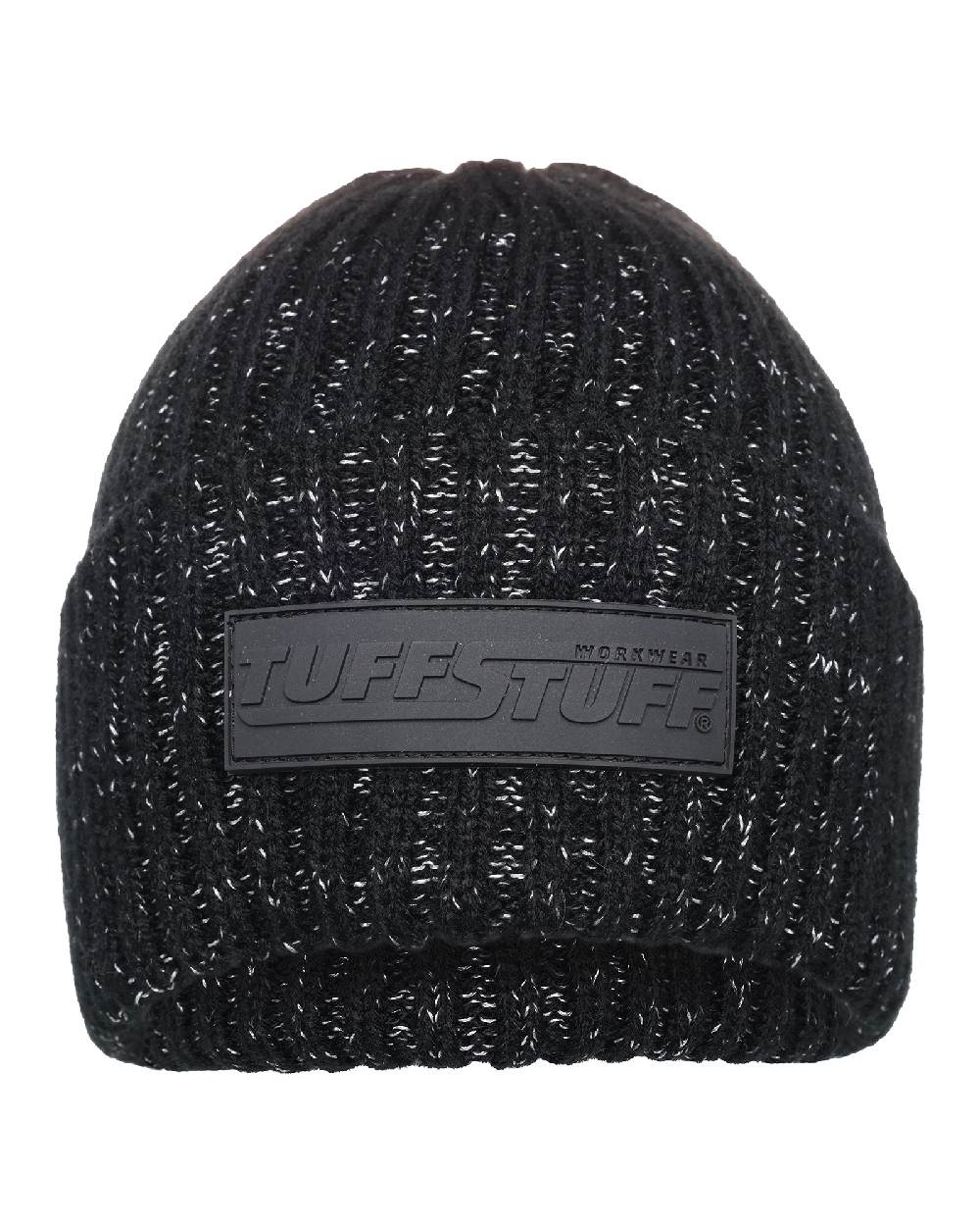 Black coloured Tuffstuff Logo Knit Beanies on white background