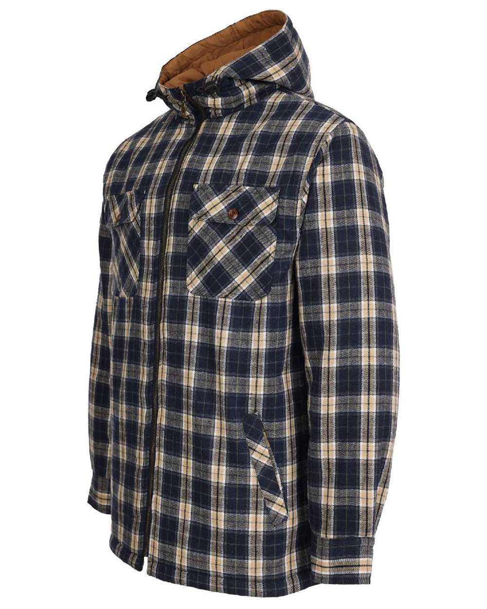 Blue coloured Fort Penarth Sherpa Fleece Lined Tartan Hoodie on white background 