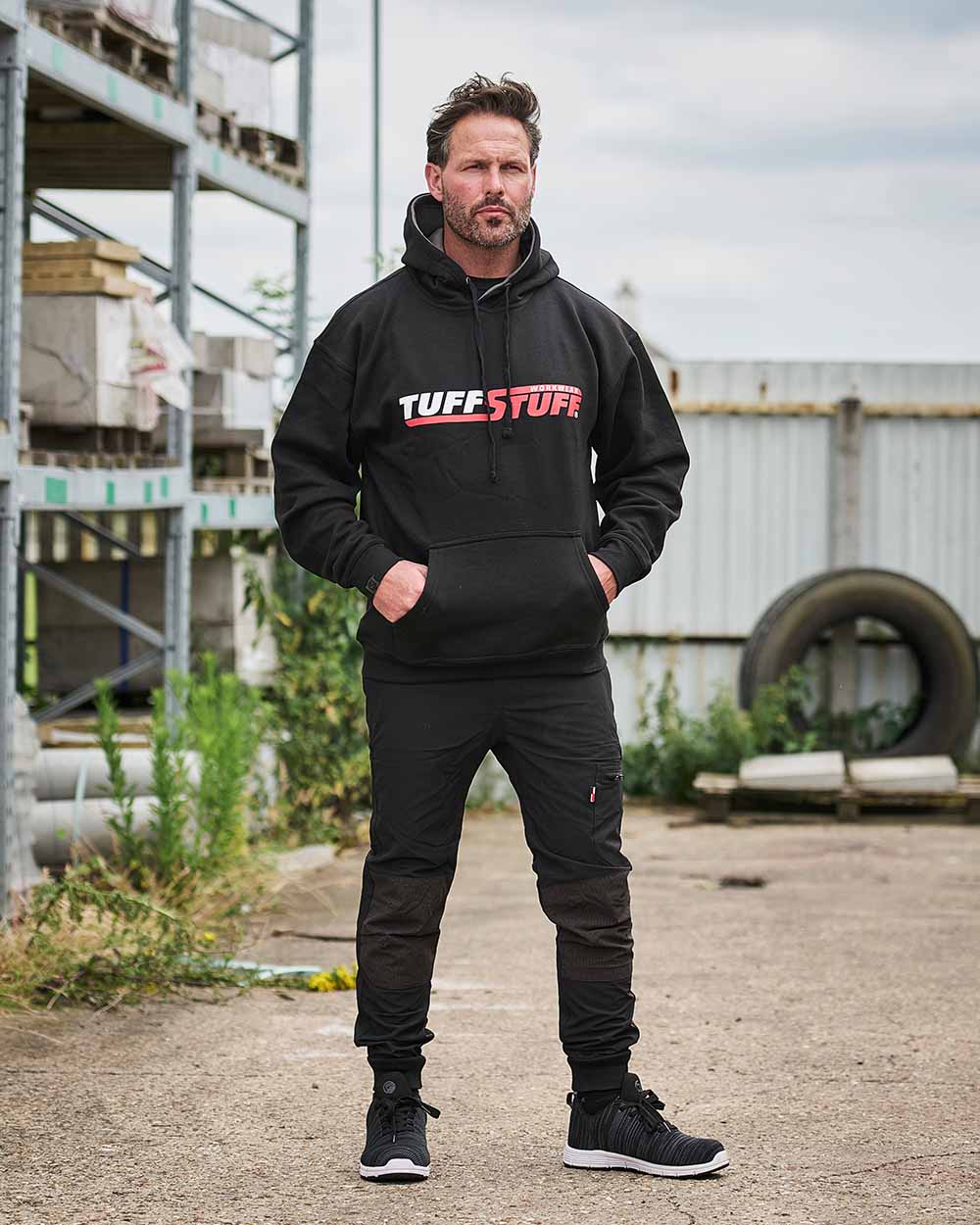 Black Coloured TuffStuff Hyperflex Trouser On A Street Background